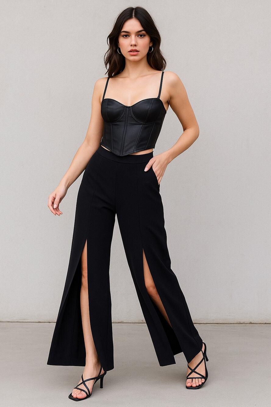 Elie Tahari Wide Leg Front Slit Trousers Black Flowy Size 4 Slit Leg Pants